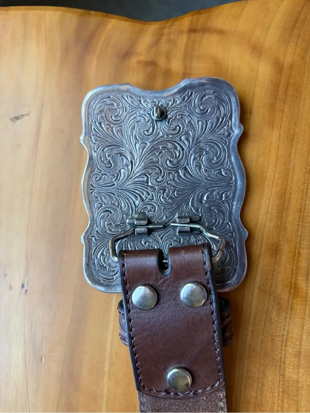 Nocona Brown Tooled Leather Belt with Silver-Tone Buckle and Turquoise Cross